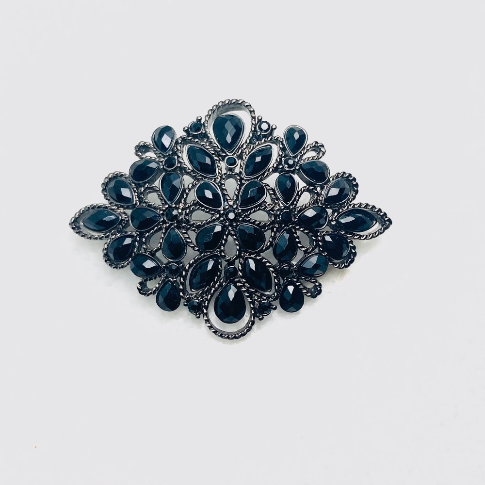 Vintage Large Filagree Black Silver Rhinestone Brooch Diamond Gothic 2.75”